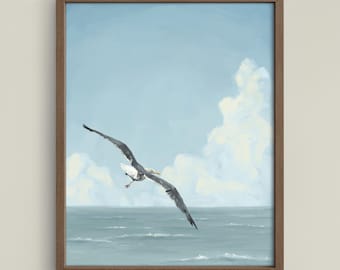 Seagull in Flight Art Print, Coastal Bird Wall Art, Beach Decor, Gull Painting