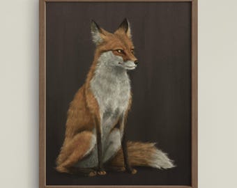 Earthy Woodland Fox Art Print, Sitting Wall Art, Rustic Home Decor