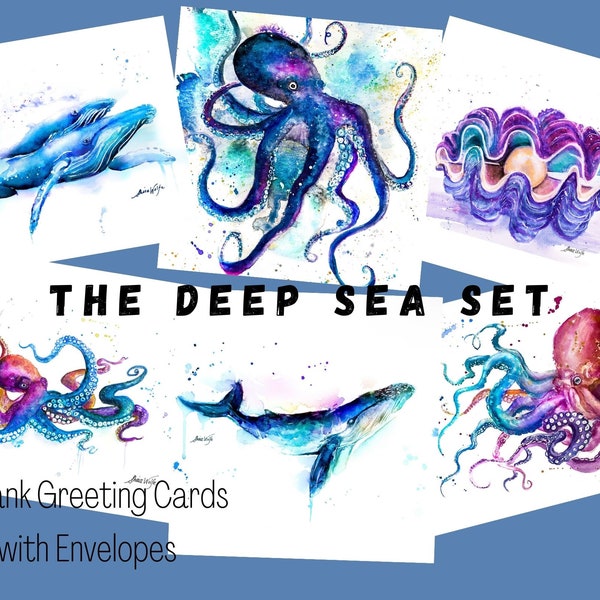 Sea Creature  Stationary Gift set,  6 All-Occasion Notecard Sets, watercolor sea creatures, marine