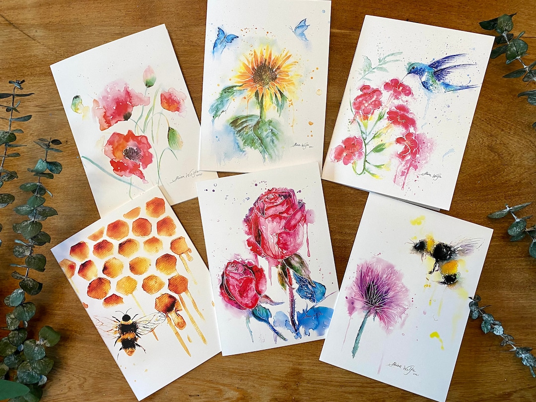 Set of 6 Cards, Watercolor Floral Artwork, Spring Flowers, Blank Cards ...