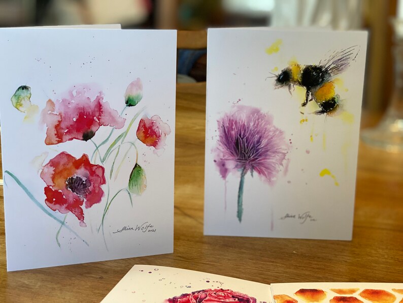 Set of 6 Cards, Watercolor Floral Artwork, Spring Flowers, Blank Cards ...