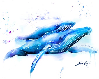 Humpback whales, watercolor art, download printable,