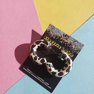Cream and Black Cow Leopard Print Polymer Clay Chunky Hoop Earrings