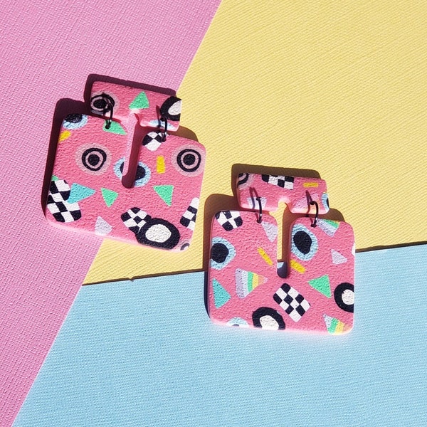 Bubblegum Pink Memphis Design Textured Polymer Clay Arch Dangle Earrings