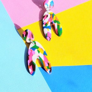 Rainbow Swirl Polymer Clay Organic Arch Shape Dangle Earrings image 1