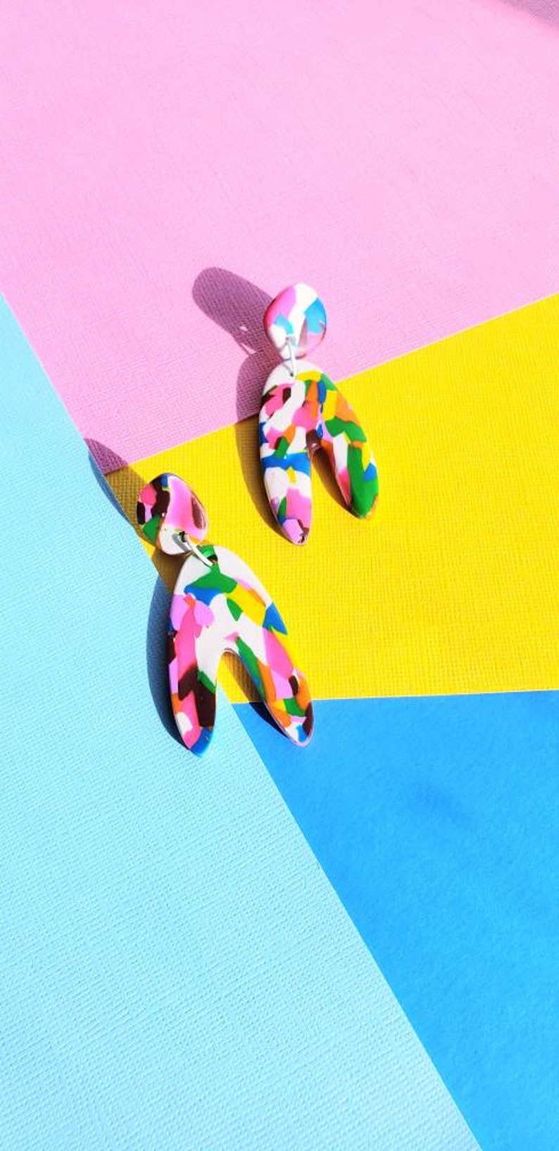Rainbow Swirl Polymer Clay Organic Arch Shape Dangle Earrings image 1