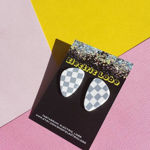 Gray and White Checkerboard Print Polymer Clay Triangle Pebble Stud Earrings