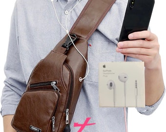 Men's Leather  Shoulder Pack USB Charging Port Crossbody Chest  Handbag