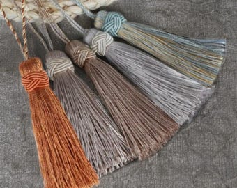 Decorative key tassels, key tassels, vintage style tassels, antique style tassels, furniture tassels, blue, beige, and orange