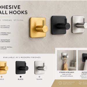 May include: Adhesive wall hooks in gold, black, and silver finishes. The hooks are square with a cylindrical hook. Text on the image says "Sleek, Strong, Stylish" and "Waterproof & Rustproof".