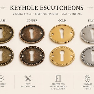 May include: An assortment of vintage-style keyhole escutcheons in brass, copper, gold, and silver finishes. The oval-shaped plates feature keyhole cutouts and decorative borders. Text on the image reads "Keyhole Escutcheons" and "Vintage Style, Multiple Finishes, Easy to Install."