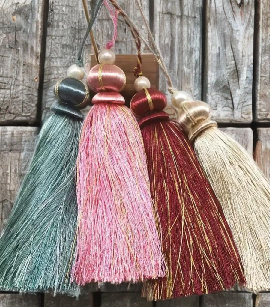 Porte-clés Vintage Français Avec Glands - Couleurs Rose, Vert Et Ivoire En Soie/coton