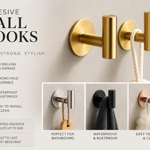 May include: Adhesive wall hooks in gold, silver, black, and copper. The image shows the hooks with the text "ADHESIVE WALL HOOKS" and "SLEEK. STRONG. STYLISH." The hooks are waterproof, rustproof, and hold up to 5kg.