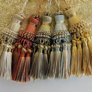 Decorative key tassels, french style key tassels, vintage style tassels, antique tassels, furniture tassels, blue cream green orange gold