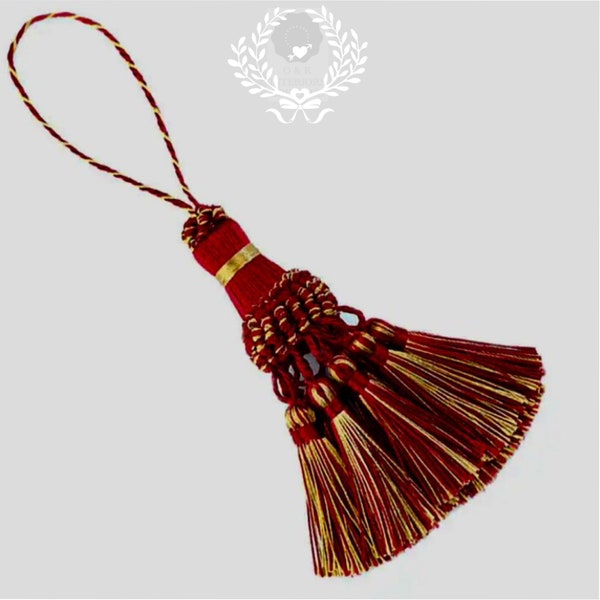 Decorative key tassels, burgundy and gold key tassels, vintage style tassels, antique style tassels, furniture tassels, red tassels