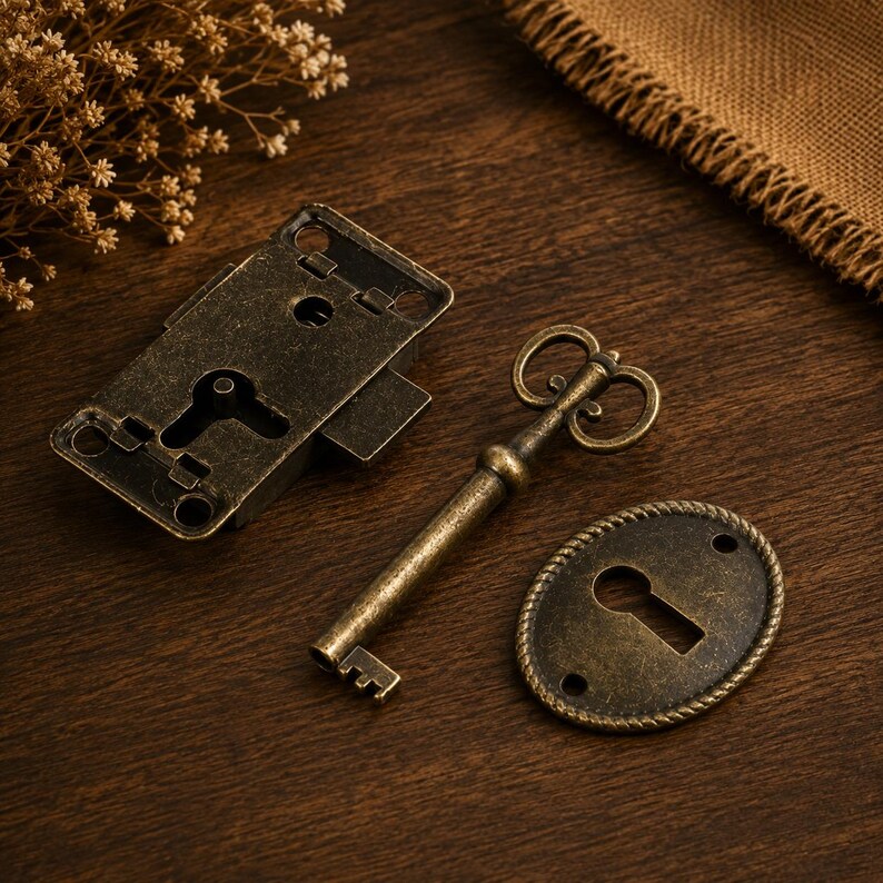 Vintage Bronze Door Lock Set, Brass Lock, 3 Piece Set, Antique Style ...