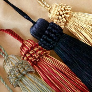 Decorative key tassels, key tassels, vintage style tassels, antique style tassels, furniture tassels, blue, aqua, gold, cream, red, navy