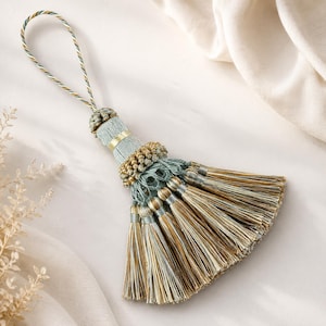 Decorative key tassels, blue and gold key tassels, vintage style tassels, antique style tassels, furniture tassels, baby blue tassels