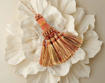 Decorative key tassels, orange and gold key tassels, vintage style tassels, antique style tassels, furniture tassels, orange tassels