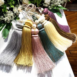 Decorative key tassels, key tassels, vintage style tassels, antique style tassels, furniture tassels, large tassels, teal, pink, ivory,green