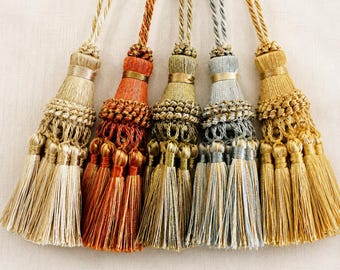 Decorative key tassels, french style key tassels, vintage style tassels, antique tassels, furniture tassels, blue cream green orange gold