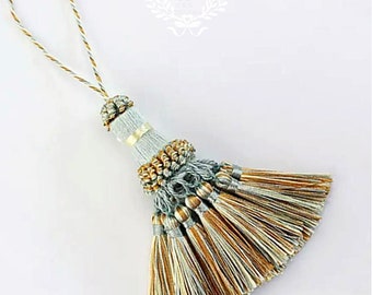 Decorative key tassels, blue and gold key tassels, vintage style tassels, antique style tassels, furniture tassels, baby blue tassels