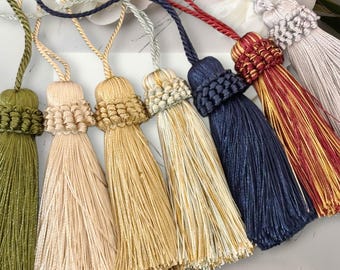 Decorative key tassels, key tassels, vintage style tassels, antique style tassels, furniture tassels, blue, aqua, gold, cream, red, navy