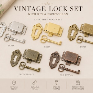 Conjunto de fechadura de porta vintage em bronze, fechadura de latão, conjunto de 3 peças, fechadura de armário estilo antigo, espelho, chave e conjunto de fechadura