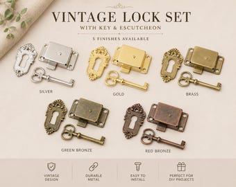 Juego de cerradura de puerta de bronce vintage, cerradura de latón, juego de 3 piezas, cerradura de gabinete de estilo antiguo, escudo, juego de llave y cerradura