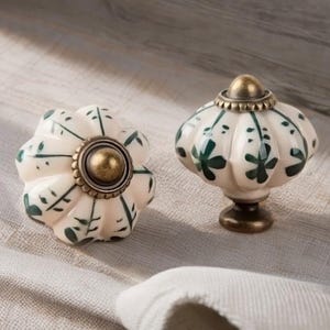 Green and white Victorian Pumpkin Cabinet Knobs – Vintage Style Drawer Pulls, Antique Brass Cupboard Handles, Shabby Chic Furniture Hardware