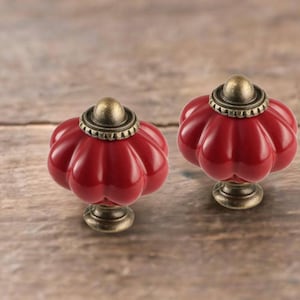 Burgundy red Victorian Pumpkin Cabinet Knobs – Vintage Style Drawer Pulls, Antique Brass Cupboard Handles, Shabby Chic Furniture Hardware
