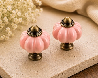 Op de afbeelding: Twee roze keramische kastknoppen met een pompoenvorm en antieke messing hardware. De knoppen staan op een lichtgekleurd stenen oppervlak, met een takje witte bloemen op de achtergrond.