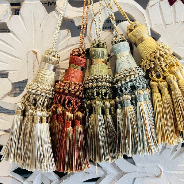 Decorative key tassels, french style key tassels, vintage style tassels, antique tassels, furniture tassels, blue cream green orange gold