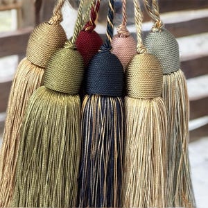 Decorative key tassels, key tassels, vintage style tassels, antique style tassels, furniture tassels, large tassels, blue, pink, ivory, gold