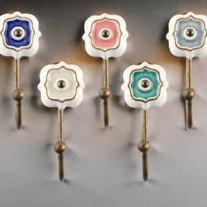 Handcrafted Ceramic Wall Hook – Brass Finish Coat Hook, Decorative Wall Hanger, Vintage Style Hook for Entryway, Bathroom, Bedroom