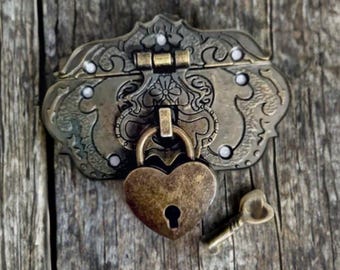 Vintage bronze door lock set, 3 piece set, antique style cabinet lock, trunk lock and padlock, key and lock set, hasp latch lock