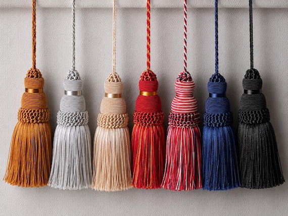 Decorative key tassels, key tassels, vintage style tassels, antique style tassels, furniture tassels, silver black broown gold mink