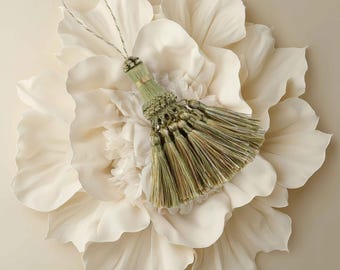 Decorative key tassels, green and gold key tassels, vintage style tassels, antique style tassels, furniture tassels, green tassels
