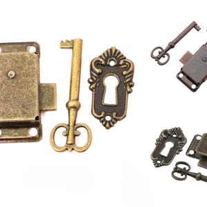 Vintage bronze door lock set, brass lock, 3 piece set, antique style cabinet lock, escutcheon, key and lock set