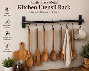 Wall Mounted Kitchen Utensil Rack – Hanging Organiser with Hooks for Cooking Tools,Black Metal Utensil Rack – Wall Mounted Kitchen Organiser