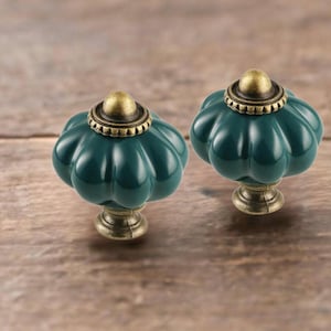 May include: Two teal ceramic cabinet knobs with a pumpkin shape and antique brass hardware. The knobs have a glossy finish and are set against a wooden background. These decorative knobs are ideal for adding a touch of elegance to furniture.