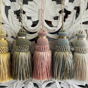 Decorative key tassels, key tassels, vintage style tassels, antique style tassels, furniture tassels, blue green pink ivory gold tassels