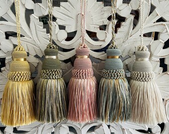 Decorative key tassels, key tassels, vintage style tassels, antique style tassels, furniture tassels, blue green pink ivory gold tassels