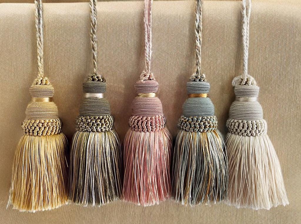 Decorative key tassels, key tassels, vintage style tassels, antique style tassels, furniture tassels, blue green pink ivory gold tassels