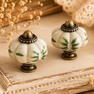May include: Two pumpkin-shaped cabinet knobs featuring a glossy white ceramic finish with hand-painted green leaf patterns. Each knob is topped with a rounded, antique brass-toned metal cap and sits on a matching circular brass-toned metal base.