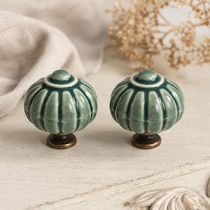 May include: A pair of teal ceramic cabinet knobs, each with a ribbed pumpkin design. They have a brass base and are set on a white surface. Decorative furniture hardware.