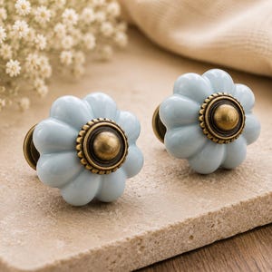 May include: Two light blue flower-shaped cabinet knobs with antique brass hardware. The knobs have a scalloped edge and a central brass accent. These decorative knobs are ideal for adding a touch of elegance to furniture.
