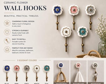 Ceramic Wall Hook Brass Finish, Decorative Coat Hook, Vintage Style Wall Hanger, Entryway Bathroom Bedroom Hook