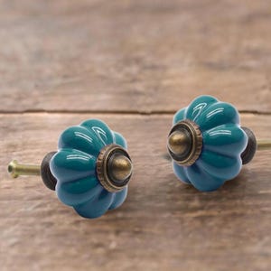 May include: Two teal ceramic cabinet knobs with a flower-like design. Each knob has a brass-colored base and screw. The knobs are set against a wooden background.
