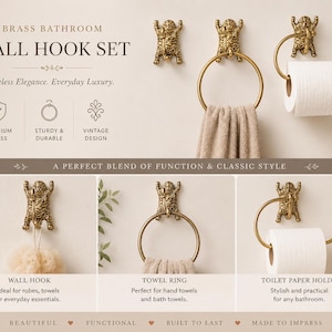 May include: A brass bathroom wall hook set with a vintage design. The set includes a wall hook, towel ring, and toilet paper holder. Made from premium brass, the set is sturdy and durable. The image text reads "Timeless Elegance. Everyday Luxury."